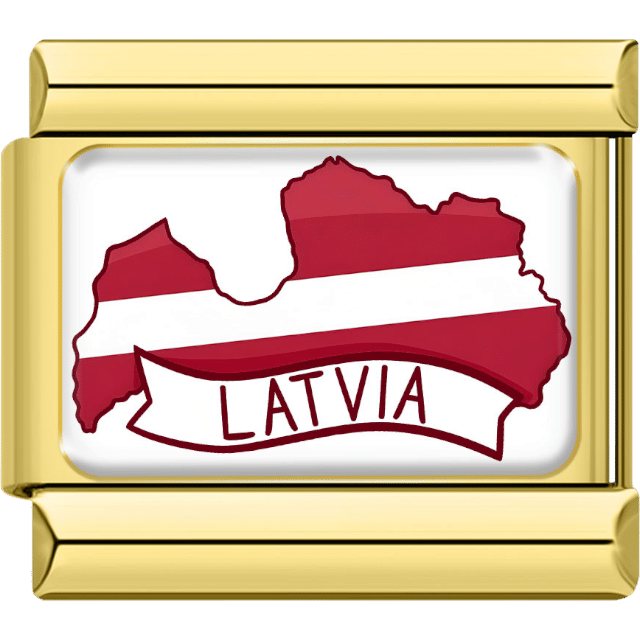 Gold-bordered Italian charm featuring the map of Latvia in red with a bold white horizontal stripe, and a curved banner reading “Latvia.”